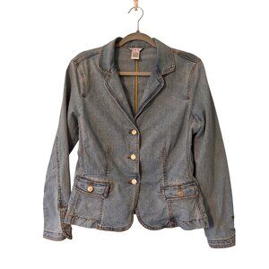 Cabi Womens Denim Blazer Jacket Size 6 Button Front Cotton Witn Pockets